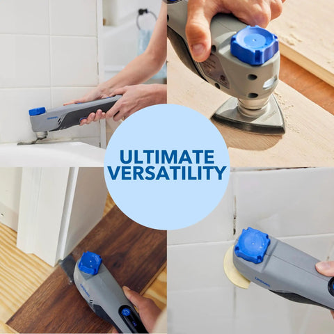 Knock Out Any Weekend Upgrade Without Breaking A Sweat Grabbing This 12V Brushless Cordless Oscillating Multi Tool in use cutting tile and wood.