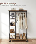 Smooth Rolling 5 Tier Clothes Rack With Industrial Pipe Frame And Rustic Brown Shelves For Organizing Wardrobe Essentials And Flexing Your Daily Fits At Home, featuring coats and shoes.
