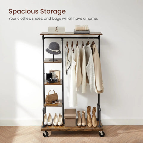 Smooth Rolling 5 Tier Clothes Rack With Industrial Pipe Frame And Rustic Brown Shelves For Organizing Wardrobe Essentials And Flexing Your Daily Fits At Home, featuring coats and shoes.
