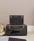 Leather Suitcase Luggage Pull Handles 2 Piece Set on decorative boxes, black brown finish, shown with iron backing.