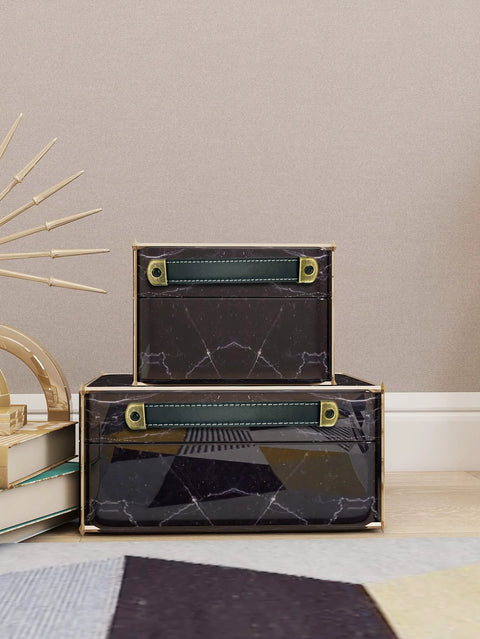 Leather Suitcase Luggage Pull Handles 2 Piece Set on decorative boxes, black brown finish, shown with iron backing.