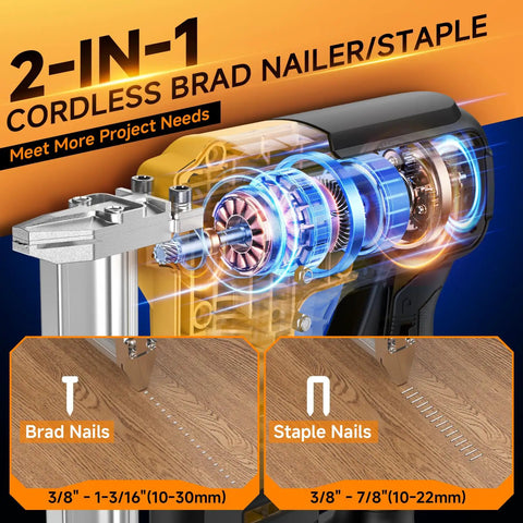 Ultimate 2-In-1 Cordless Brad Nailer And Stapler For Dewalt 20V Max Battery showing brad and staple nails on wood.