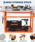 Solid As A Rock Heavy Duty Carbon Steel Welding Table 36 By 24 Inches 800 Lbs Capacity Mobile Double Layer Workbench with tools on top.