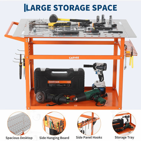 Solid As A Rock Heavy Duty Carbon Steel Welding Table 36 By 24 Inches 800 Lbs Capacity Mobile Double Layer Workbench with tools on top.
