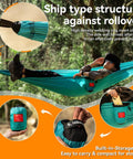 Ultralight Camping Hammock For Outdoors And Backpacking with person relaxing, close-up of storage bag, Army Green, 440 lbs capacity