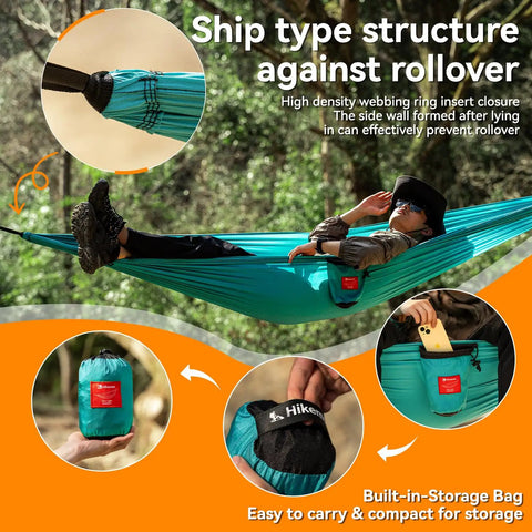 Ultralight Camping Hammock For Outdoors And Backpacking with person relaxing, close-up of storage bag, Army Green, 440 lbs capacity