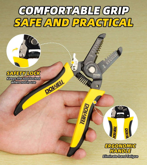 10-22 AWG Wire Stripper Cutter And Multi-Function Hand Tool with ergonomic yellow handle and safety lock in hand