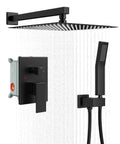 10 Inch Matte Black Shower Set With Square Rain Head And Handheld, Wall Mounted Rainfall Fixtures, flowing water, modern design.