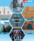 Versatile diamond drill bits for granite, ceramic, marble, tile, and glass applications, highlighting uses with wax lubricant for fast dry drilling.