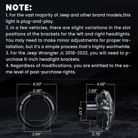 Dimensions of Ultra Bright 7 Inch LED Headlights For Jeep Wrangler And Fullsize Trucks with installation notes