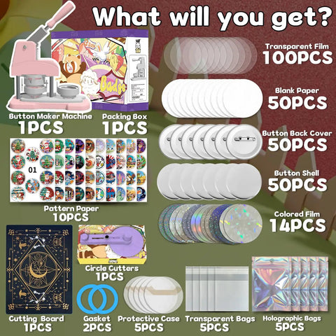 58mm Button Maker Kit For DIY Pins Includes Free Button Parts Circle Cutter Cutting Board Pattern Paper Holographic Bags Colored Film And Protective Case Pink Finish displayed.