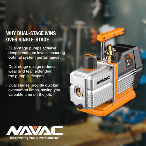 NAVAC NP7DP2 HVAC vacuum pump, dual-stage, 7 CFM, silver body with orange accents on an orange base