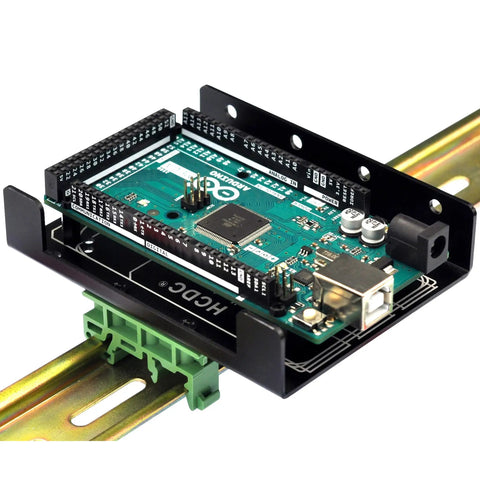 Side view of a black aluminum Din Rail Mount Bracket For Raspberry Pi A Plus B Plus 2B 3B 3B Plus 4B Zero And Arduino Uno Mega Mkr BeagleBone