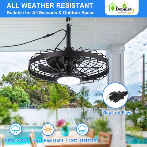 Outdoor Hanging Ceiling Fan With Light And App Remote, 20 Inch Black Caged Fan for gazebo, patio, IP65 waterproof.