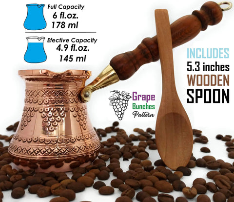 Top Notch Solid Copper Cezve For Turkish Greek Arabic Coffee With Engraved Finish And Wooden Handle 6 Oz Stovetop Pot next to wooden spoon