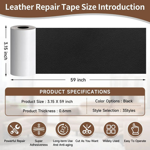 Leather Repair Tape Heavy Duty Vinyl Patch 3.15 Inch By 59 Inch Waterproof Self Adhesive Kit for furniture repair, black color