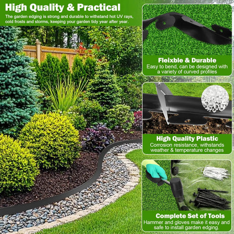 50Ft By 2In Landscape Edging Border Kit With 90 Pieces Garden Staples No Dig Border Edging System Includes Hammer And Gloves For Flower Beds And Lawn Edging displayed with garden setting and tools