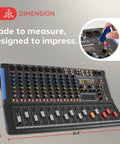 12 Channel Console Style DJ Mixer With Bluetooth and USB Audio Interface, 8 XLR and Combo Inputs, dimensions shown
