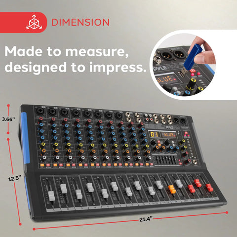 12 Channel Console Style DJ Mixer With Bluetooth and USB Audio Interface, 8 XLR and Combo Inputs, dimensions shown