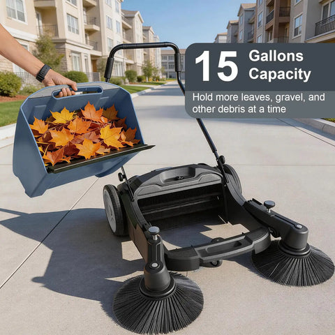 42 Inch Walk Behind Floor Sweeper With Dual Side Brushes And Fifteen Gallon Dustbin for collecting leaves and debris in a driveway.
