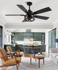 Living room with 52 Inch Farmhouse Ceiling Fan With Lights And Remote, Caged Rustic Light Fixture, Reversible DC Motor