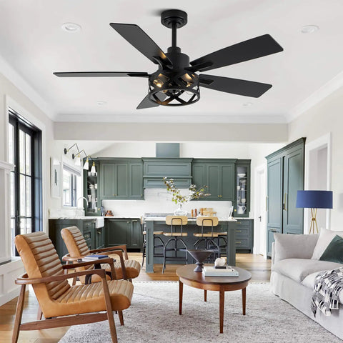 Living room with 52 Inch Farmhouse Ceiling Fan With Lights And Remote, Caged Rustic Light Fixture, Reversible DC Motor