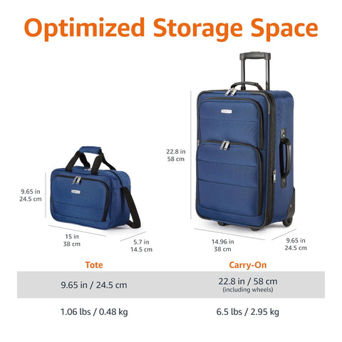 Front view of Amazon Basics navy blue luggage set with 23-inch carry-on and 15-inch tote