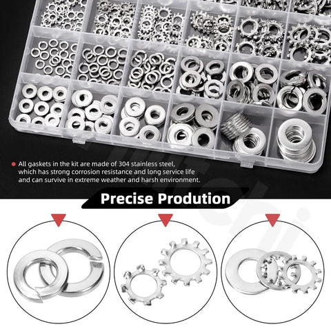 400 Piece Monster 304 Stainless Steel External Star Washers Internal Serrated Lock Washers Split Washer Toolkit for Screw Bolt Maintenance in organized compartment.
