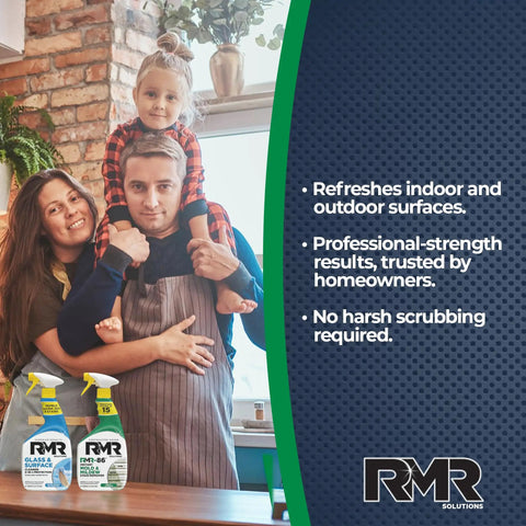 Family in kitchen with All In One Indoor And Outdoor Cleaning Kit With Pro Strength Instant Stain Remover And Glass And Surface Cleaner Protectant.