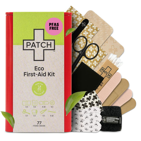 Patch Eco First-Aid Kit in a red tin with large and small hypoallergenic bandages, 77 pieces.