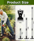 Man using Long Handle Weed Puller Tool With 44 Inch Reach Dual Head 2 In 1 Garden Weeder And Hoe in garden, product size diagram visible.