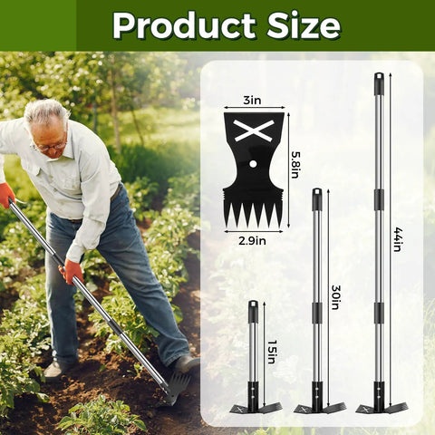 Man using Long Handle Weed Puller Tool With 44 Inch Reach Dual Head 2 In 1 Garden Weeder And Hoe in garden, product size diagram visible.