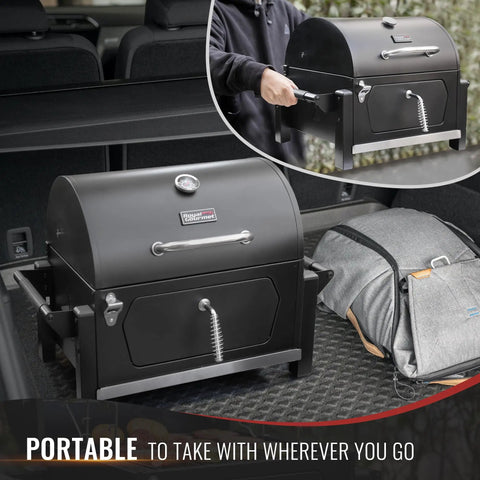 Portable Charcoal Grill With Warming Rack in car trunk, compact tabletop outdoor grill for camping and picnics, black design.