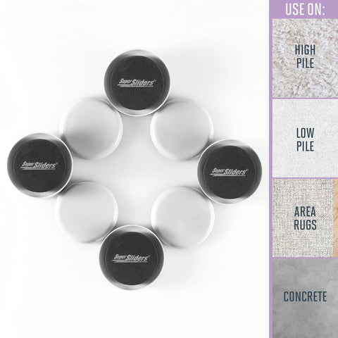 Move Heavy Furniture Easily With Round Reusable Sliders For Carpet Eight Pack Gray Two And A Half Inch Diameter Furniture Sliders For Sofas Tables Desks And More Protect Floors And Make Rearranging A Breeze; shown in a circle with usage options for carpets and floors.