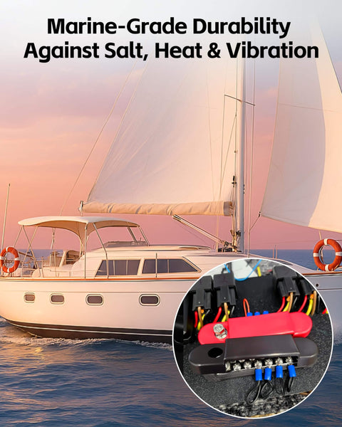 Beefy 150 Amp 12V Marine Bus Bar Power Distribution Block with Cover installed on boat, showcasing marine-grade durability.