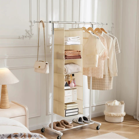 Six Tier Hanging Closet Organizer Shelf With Cloth Fabric And Two Sturdy Hooks Foldable Beige Storage Solution in a bedroom