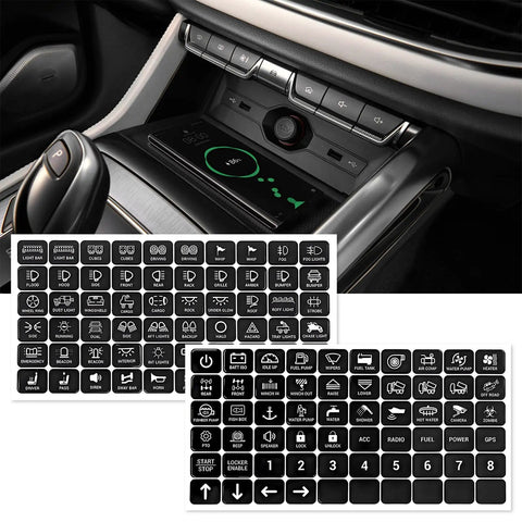120 Piece Car Switch Panel Sticker Kit With Durable PVC Decals for auto console buttons, dashboard controls on display with switches.