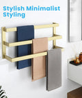 Gold three-tier wall-mounted towel rack with towels in bathroom for Three Tier Bathroom Towel Bar Wall Mount Matte Black Stainless Steel SUS304, Heavy Duty Square Towel Rail Towel Hanger For Walls, 3 Layer Towel Rack, Rust Resistant And Durable Lavatory Organizer.