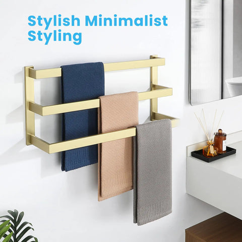 Gold three-tier wall-mounted towel rack with towels in bathroom for Three Tier Bathroom Towel Bar Wall Mount Matte Black Stainless Steel SUS304, Heavy Duty Square Towel Rail Towel Hanger For Walls, 3 Layer Towel Rack, Rust Resistant And Durable Lavatory Organizer.