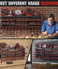 49.8 Inch Wide Heavy Duty Power Tool Organizer Wall Mount With Four Shelves, 18 Cordless Drill Holders, in workshop