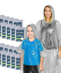 Family Pack Rain Ponchos For All Ages, 20 Clear Hooded Ponchos With Drawstrings shown worn by adult and child