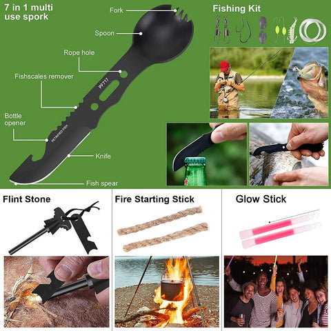Green 7-in-1 survival spork with knife and bottle opener; includes fishing kit, fire starters and glow sticks.