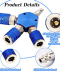 Three Way Air Hose Manifold Connectors One Quarter Inch NPT Compressor Fittings High Pressure Metal Swivel 360 Degrees Blue Two Pack Durable Air Tool Splitter And Quick Connects For Home Garage Use, blue 1/4 NPT air manifold