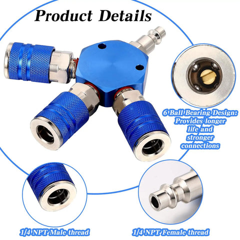 Three Way Air Hose Manifold Connectors One Quarter Inch NPT Compressor Fittings High Pressure Metal Swivel 360 Degrees Blue Two Pack Durable Air Tool Splitter And Quick Connects For Home Garage Use, blue 1/4 NPT air manifold