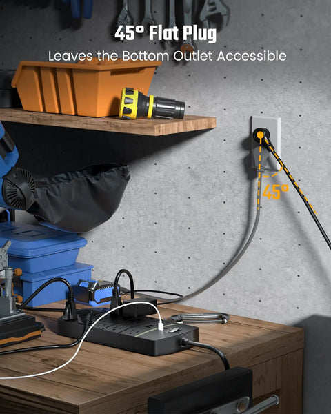 Beefed Up Heavy Duty Power Strip With 13 Widely Spaced Outlets, 2 USB A And 2 USB C PD 20W Fast Charge, 5000 Joules Surge Protector, 14 Gauge 3C Industrial Grade Extension Cord For Workbench And Home Office Black shown in use on a workbench.