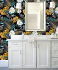 Vintage Floral Peel And Stick Wallpaper For Bedroom Easy Peel And Stick No Mess Removable Accent Wall Black Bronze Navy White 17.7x118 Inches Durable Matte Finish in bathroom setting
