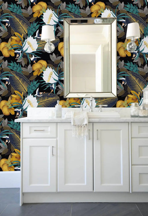 Vintage Floral Peel And Stick Wallpaper For Bedroom Easy Peel And Stick No Mess Removable Accent Wall Black Bronze Navy White 17.7x118 Inches Durable Matte Finish in bathroom setting
