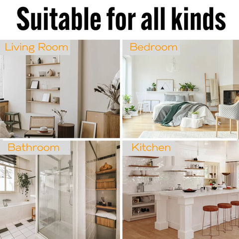 Hidden Eight Inch Floating Shelf Brackets, Badass Heavy Duty Carbon Steel Wall Mounts, Supports One Hundred Pounds, No Sweat Install With Strong Anchors And Screws, Solid Four Pack For Kitchen Storage in various room settings.