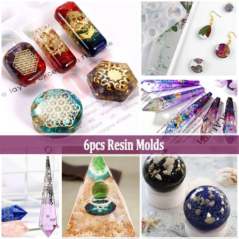 All In One Resin Kit For Beginners And Pros With 125 Pieces Jewelry Making Set Including Sphere And Pyramid Molds Crystal Molds And Epoxy Supplies For DIY Crafts And Art Projects, showing various resin jewelry and molds.