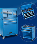Blue 8 Drawer Rolling Tool Chest Hella Tough Shop Ready Design Detachable Top Bin With Cushioned Drawer Trays And Nifty Side Hooks For Hardworking Practical Pros with open drawers and top bin.